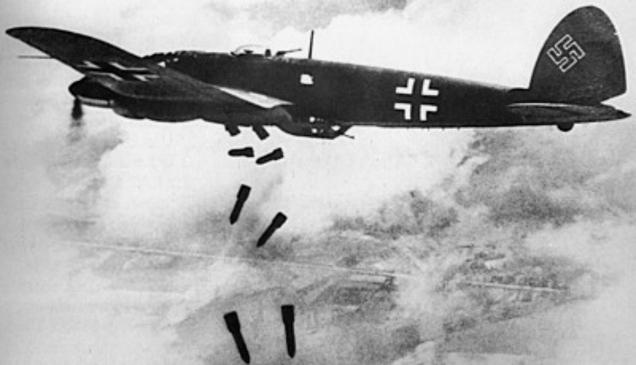 An He 111 drops bombs on England during the Battle of Britain in 1940 (Royal Air Force)